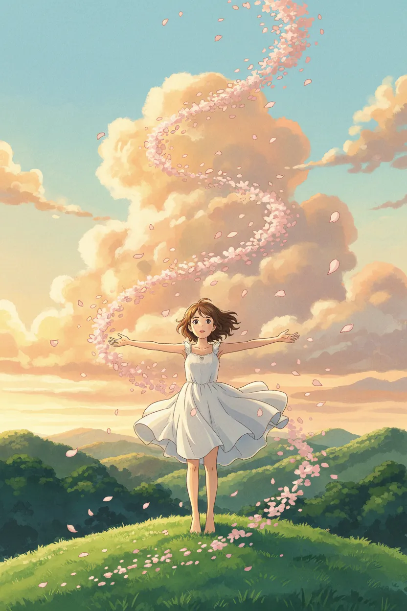Whimsical hand-painted animation-style scene of a figure under cherry blossoms at sunset