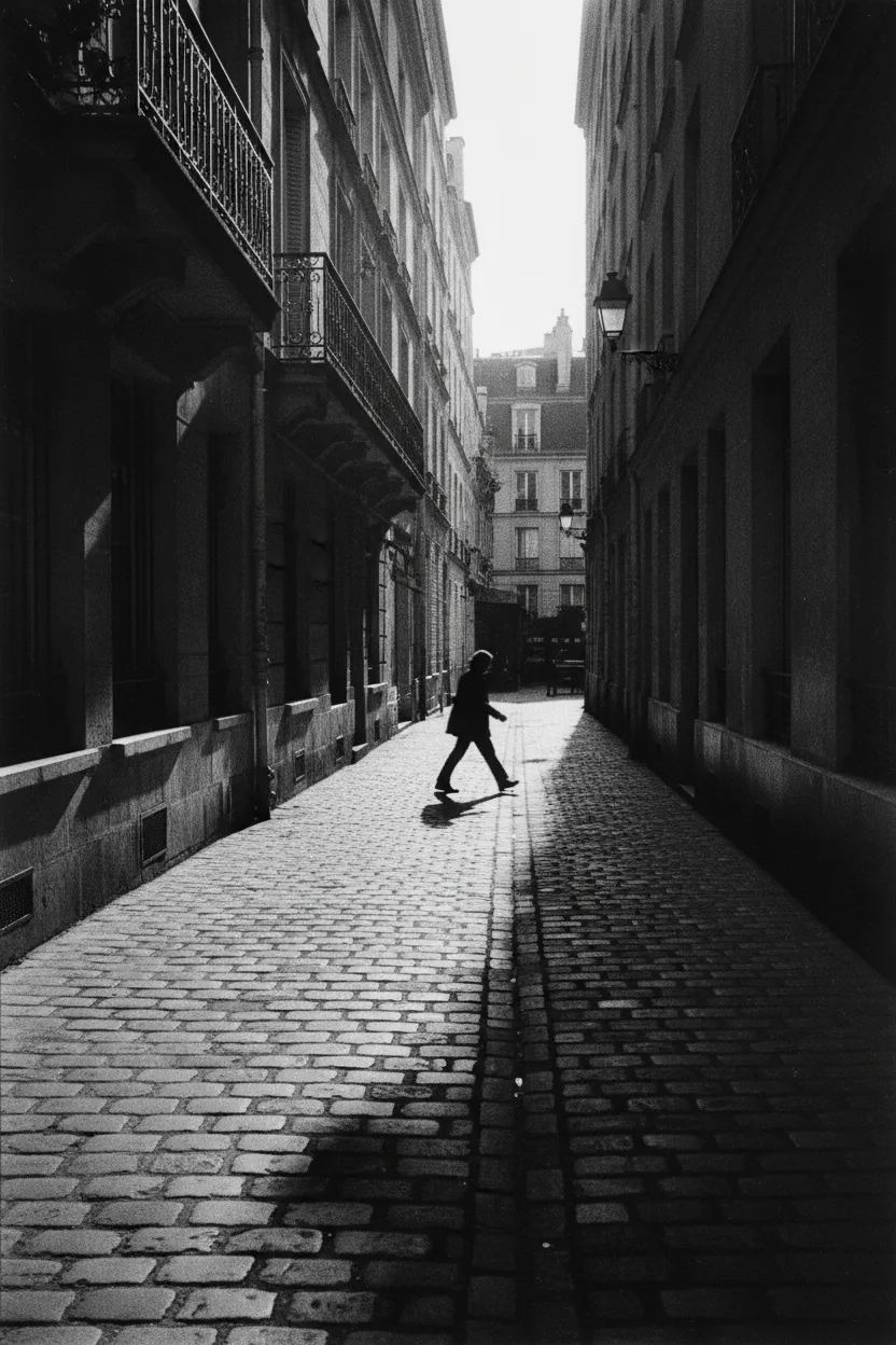 Black-and-white Parisian street photograph with a lone walker