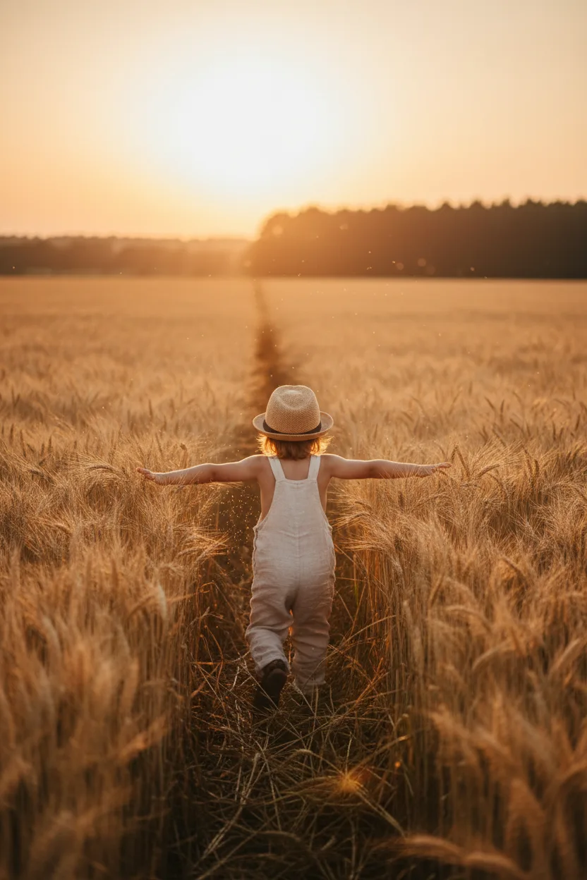 Young child running joyfully through tall golden wheat at sunset, arms outstretched