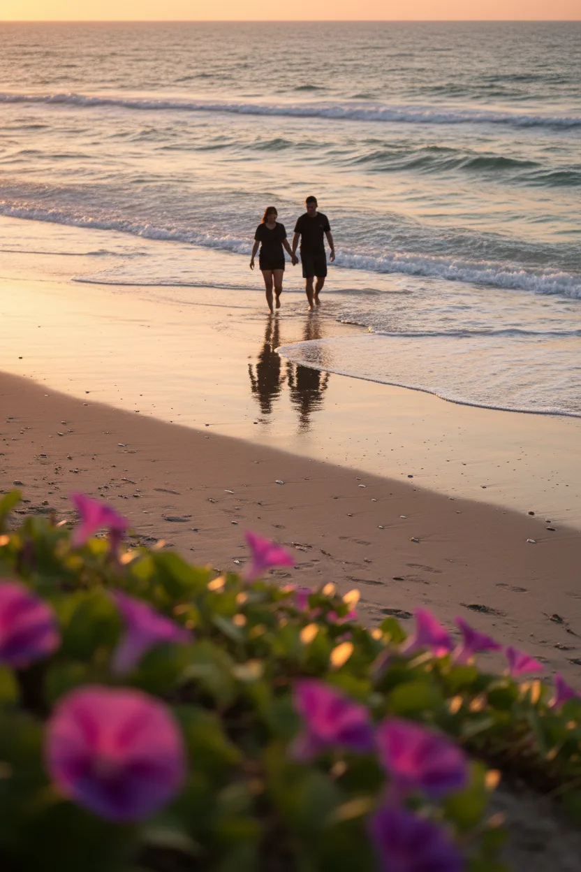Silhouette of a couple holding hands walking along a glassy beach at sunset