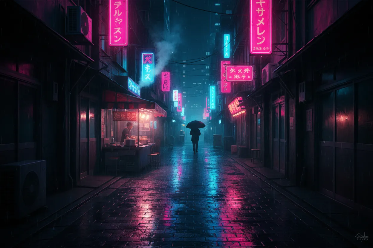 Neon-soaked cyberpunk Tokyo street at midnight