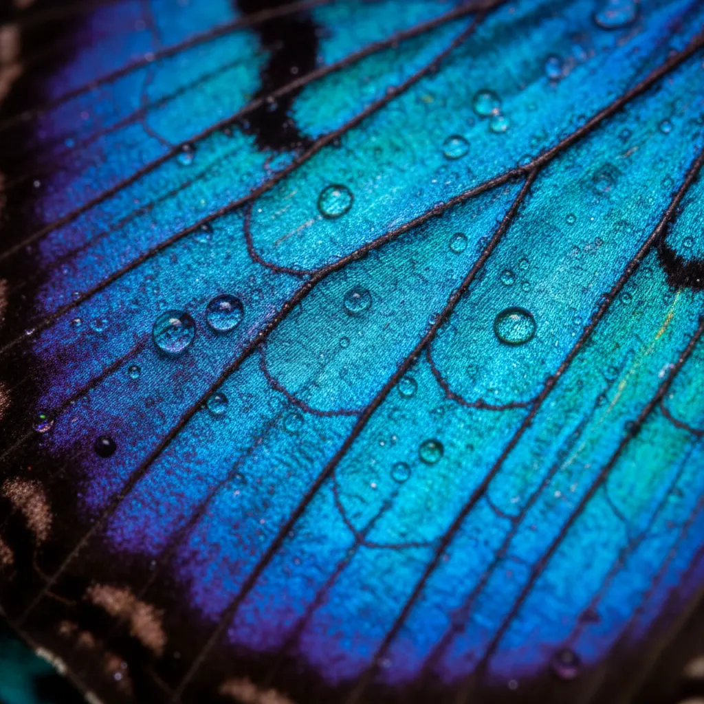 Macro photograph of an iridescent morpho butterfly wing
