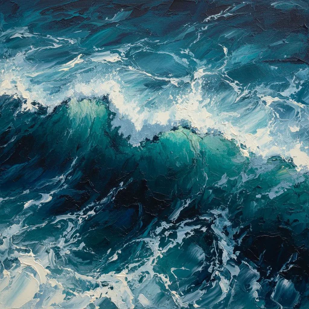 Painterly abstract ocean waves in deep teal and silver