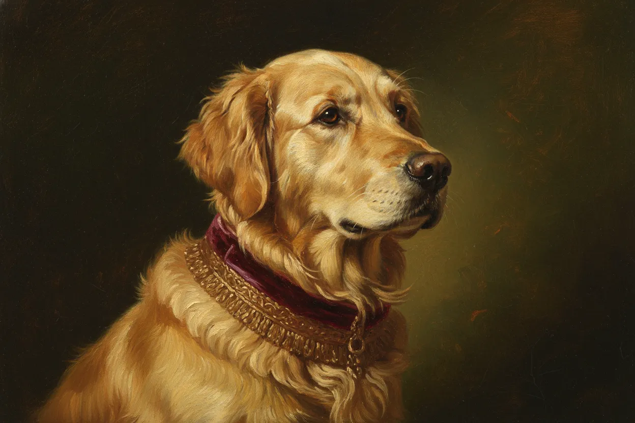 Classical oil portrait of a regal golden retriever