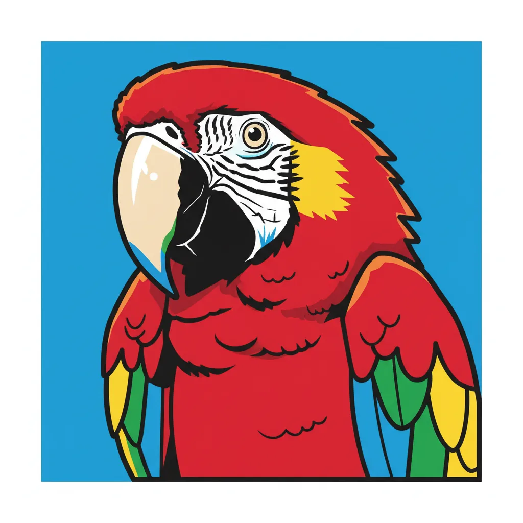 Vibrant pop-art portrait of a macaw parrot in Andy Warhol style