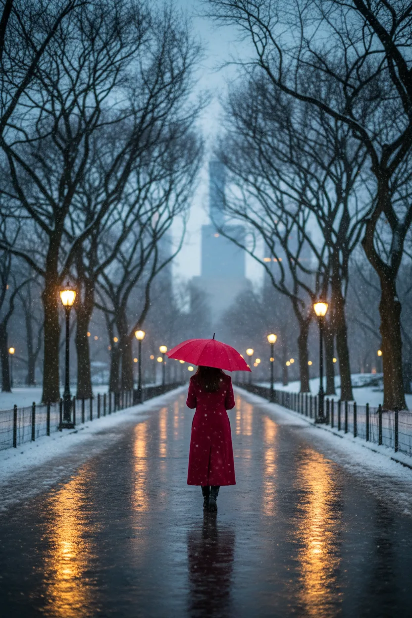 Woman in a red coat with a red umbrella walking through a snowy Central Park at dusk
