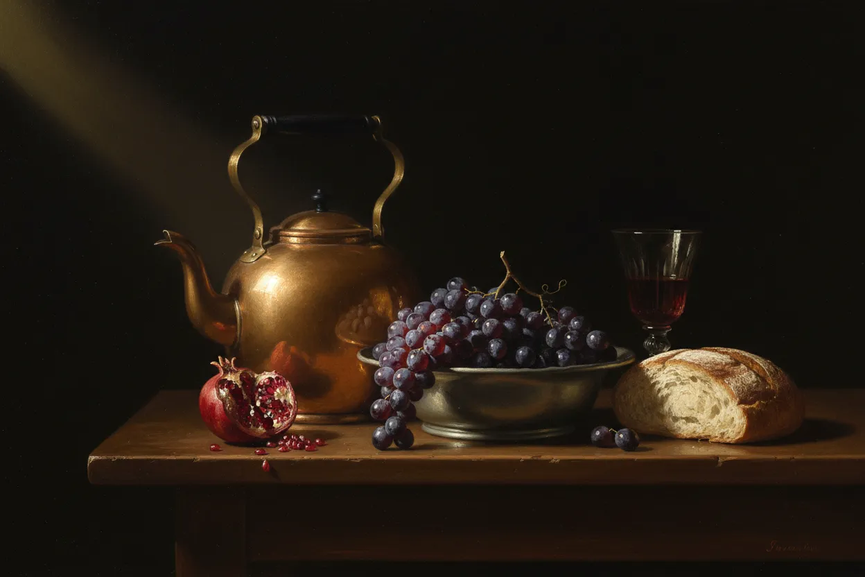 Dutch-master still life with copper kettle, grapes, and pomegranate