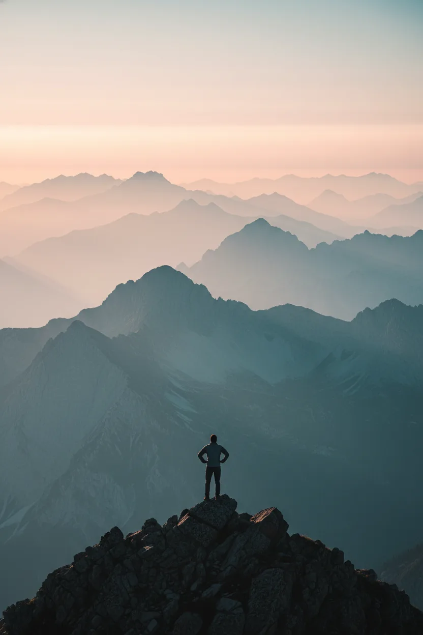 A lone climber silhouette at a mountain summit at sunrise above a cloud sea