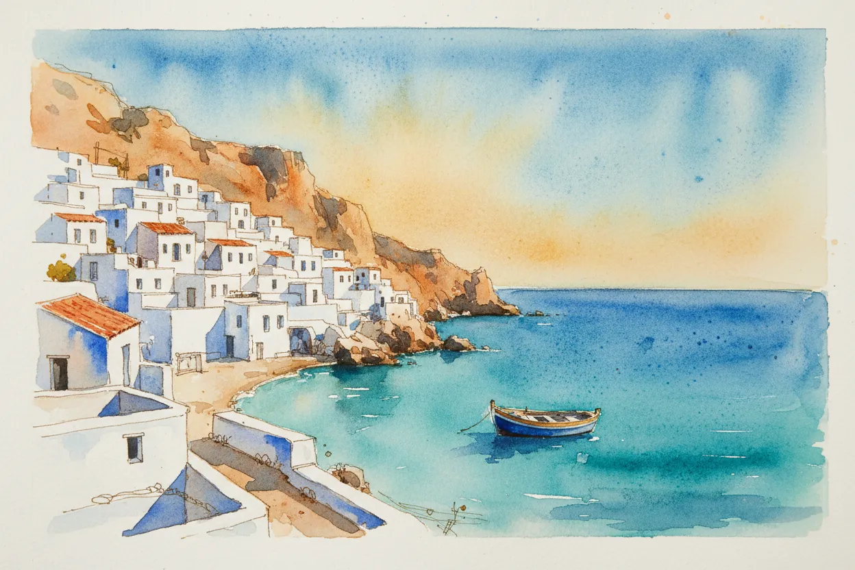 Soft watercolor painting of a misty coastal cliff at dawn