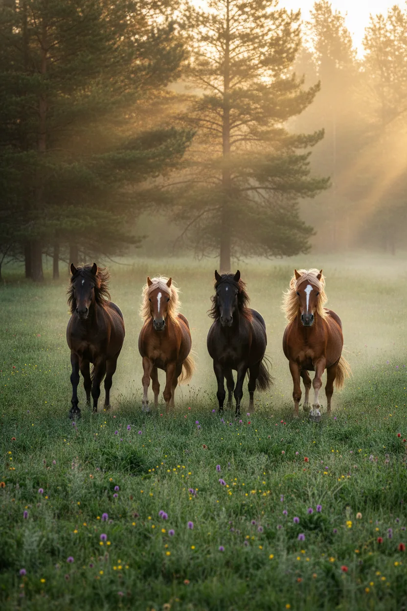 Wild horses galloping through a misty emerald-green meadow at dawn