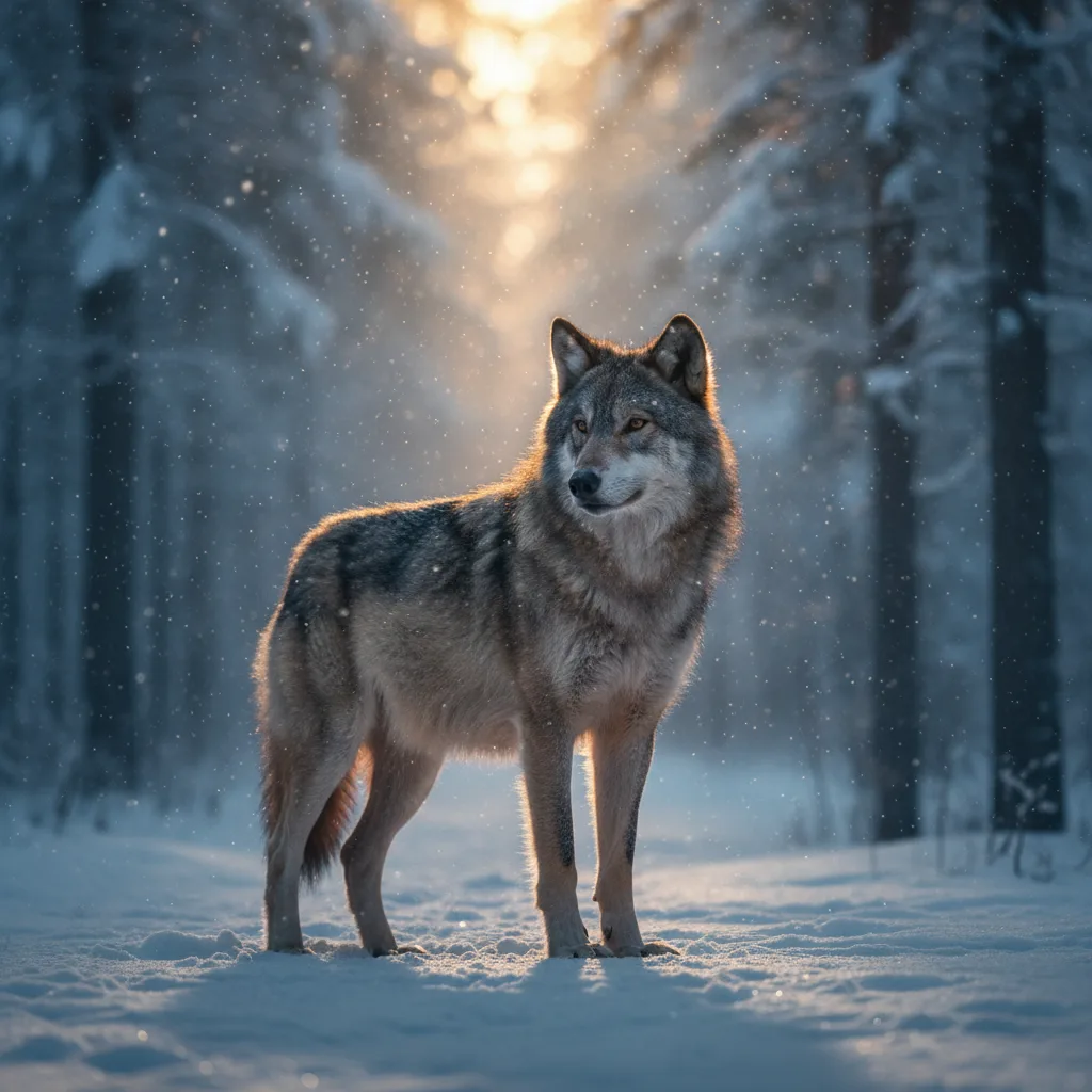 Photoreal portrait of a lone gray wolf in a snowy forest at golden hour