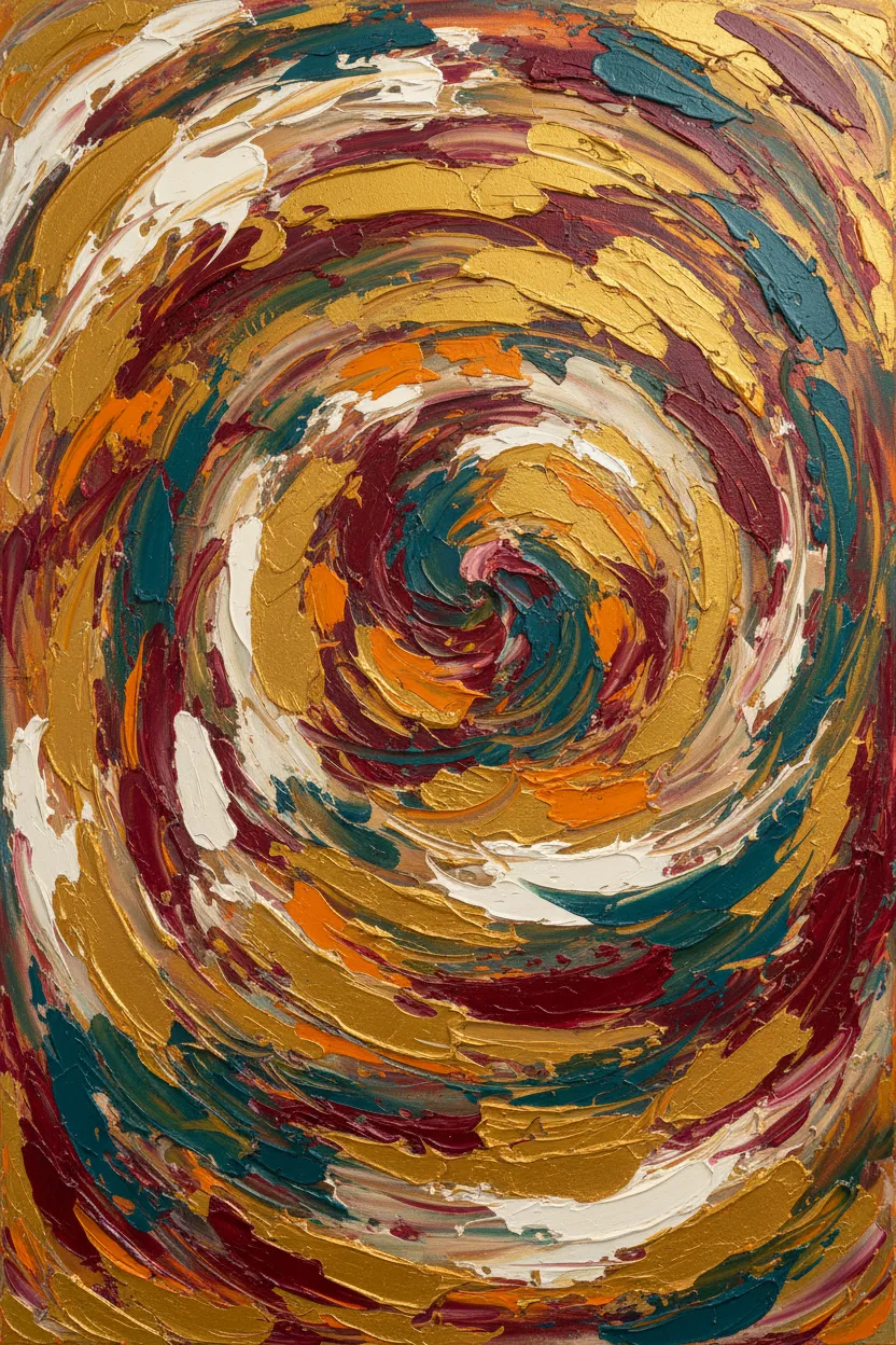 Bold abstract palette-knife oil painting in warm jewel tones