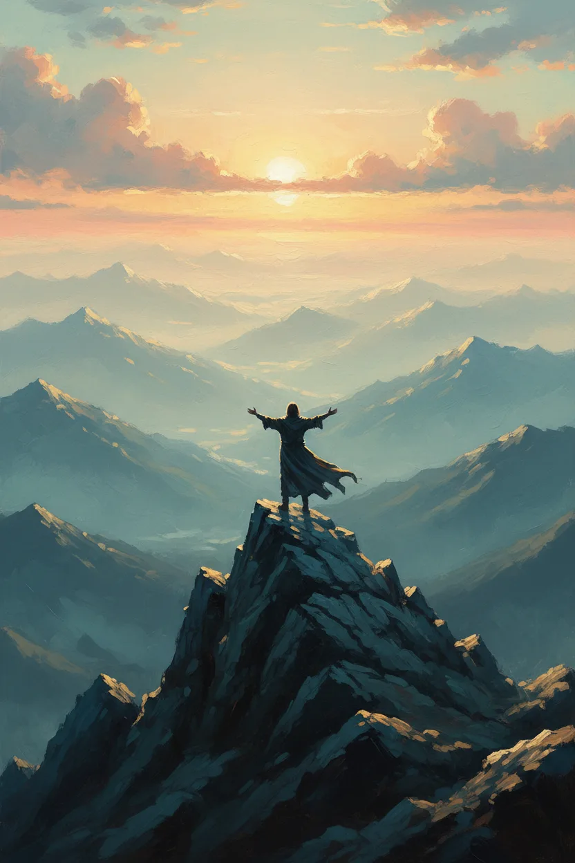 A figure at a mountain peak at sunrise with arms raised