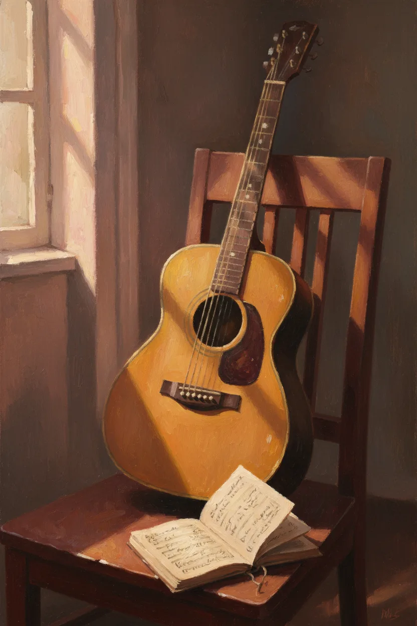 A worn acoustic guitar resting against a wooden chair with a notebook