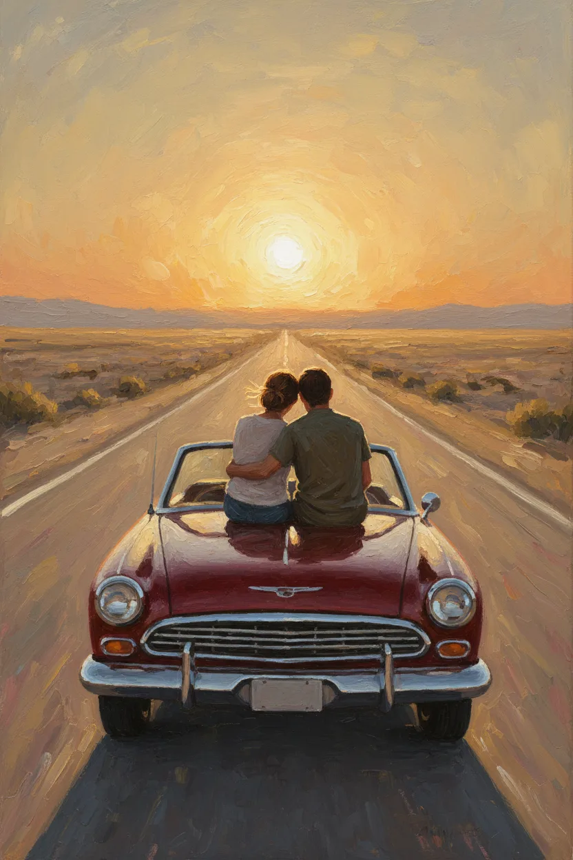 A couple on a vintage car hood watching a desert sunset