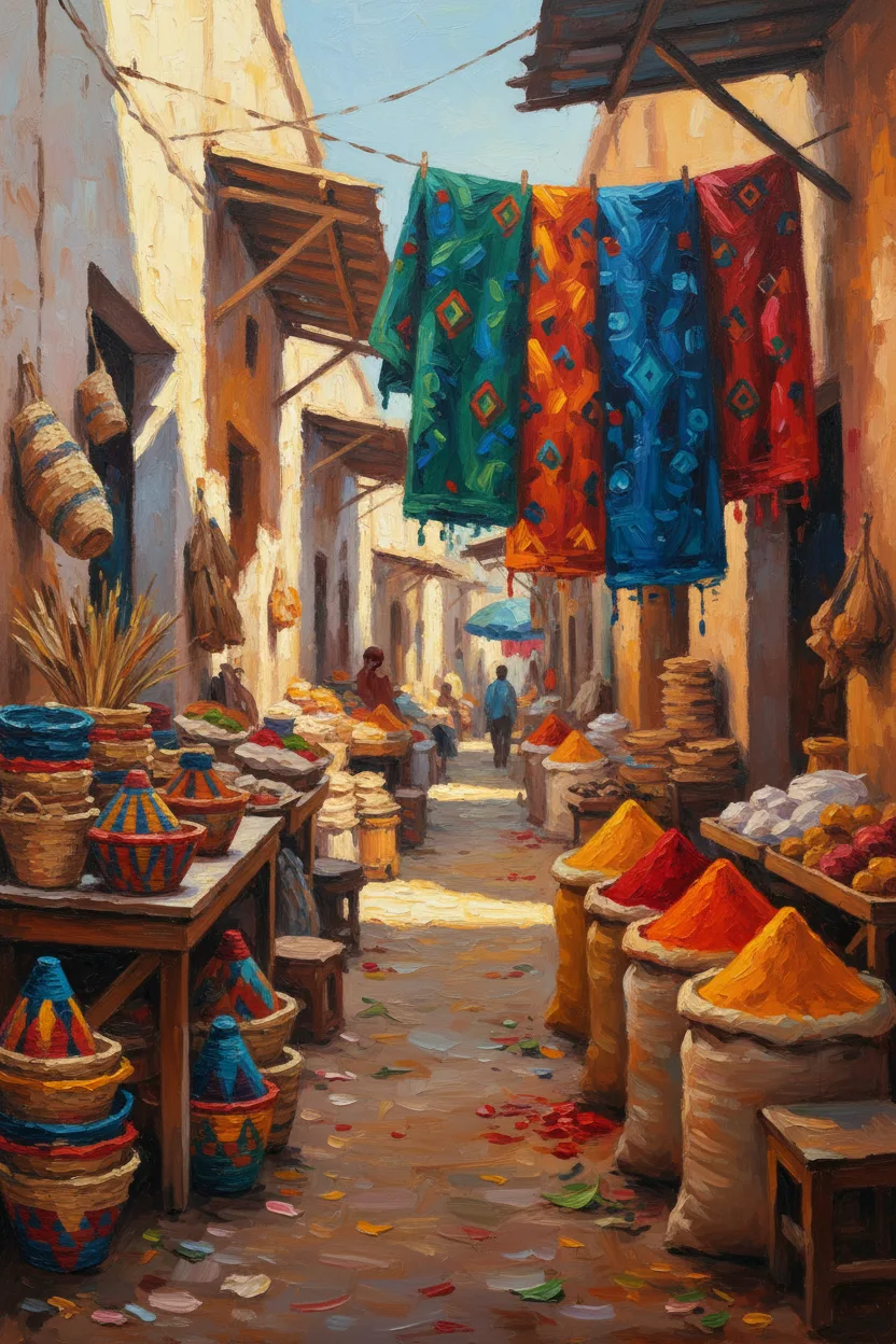 A bustling Moroccan outdoor market with vibrant spices and textiles