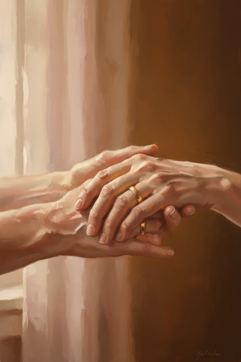 Two aged hands clasped together wearing gold wedding bands