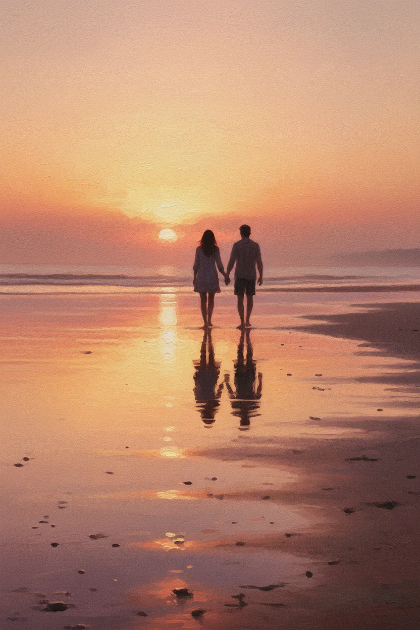 Romantic painterly silhouettes walking a sunset beach
