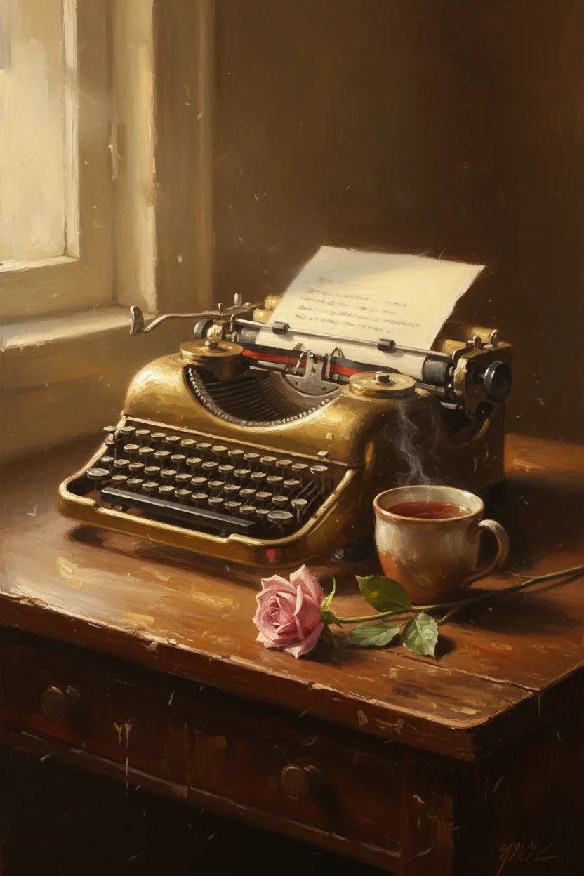 An antique brass typewriter with paper and tea on a wooden desk
