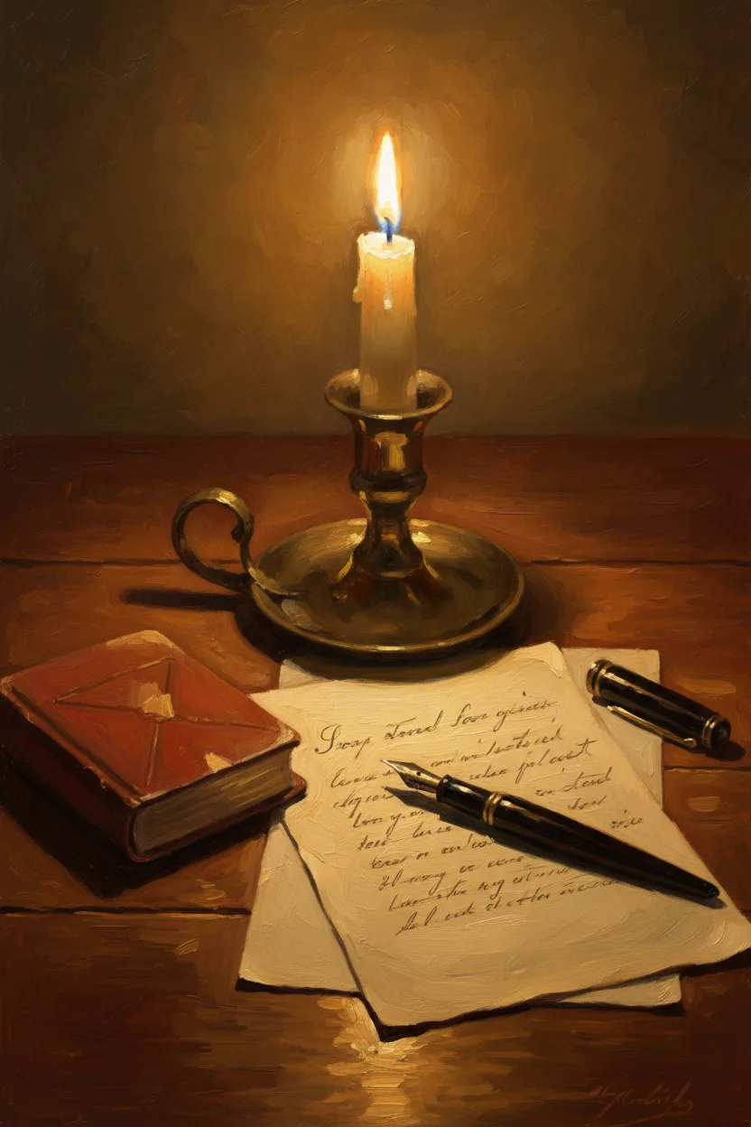 A vintage writer's desk with candle, pen, and letter