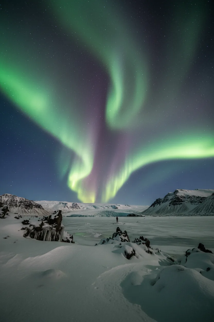A real long-exposure photograph of aurora borealis over an Iceland landscape