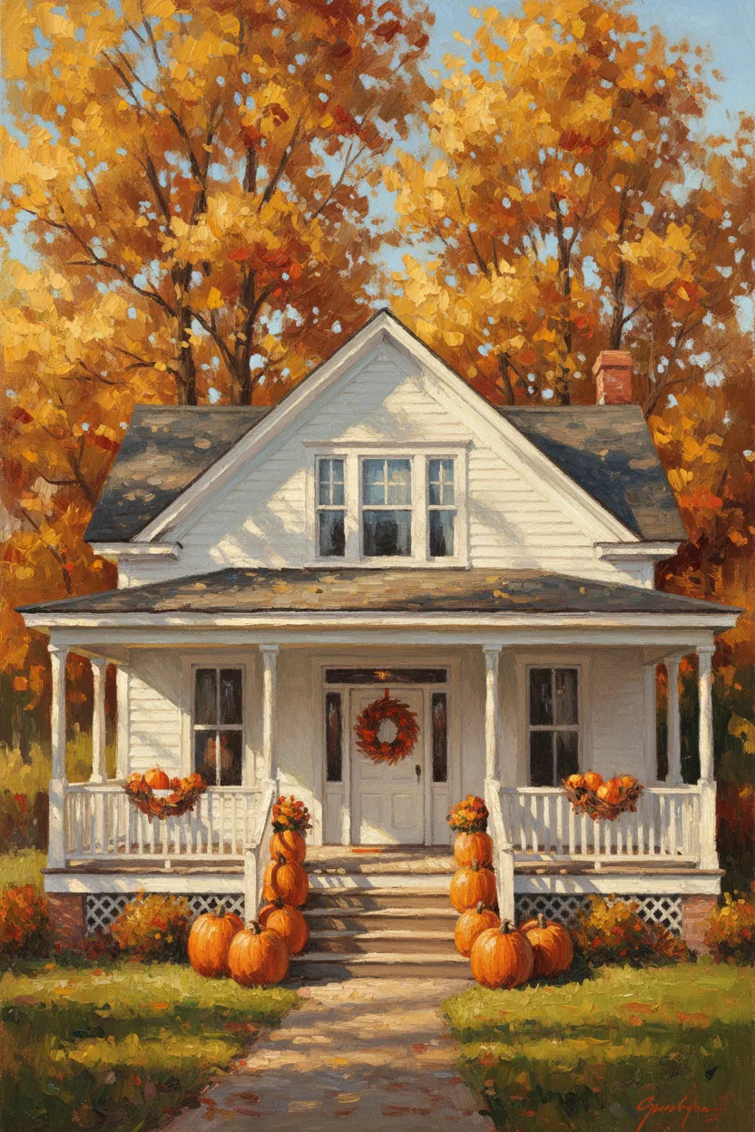 A white farmhouse porch decorated with pumpkins and dried leaves