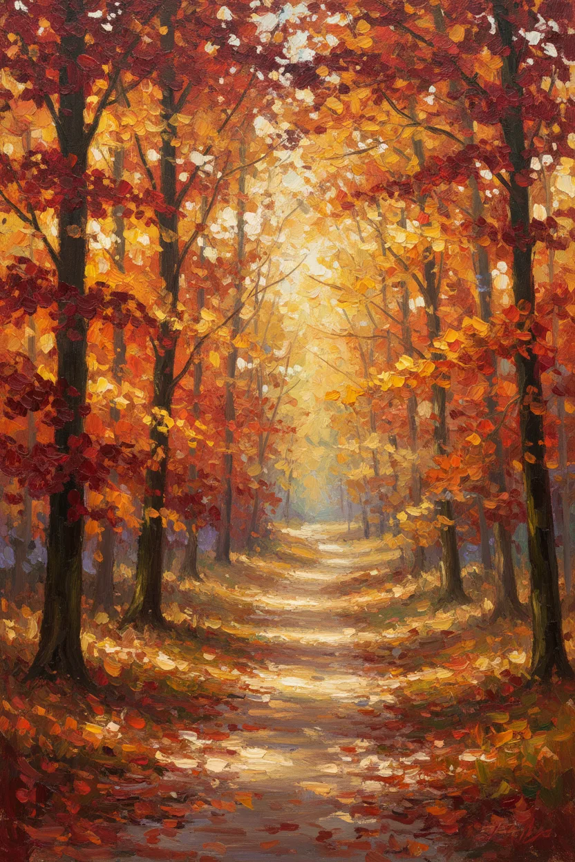 A winding leaf-strewn forest path through vibrant autumn trees