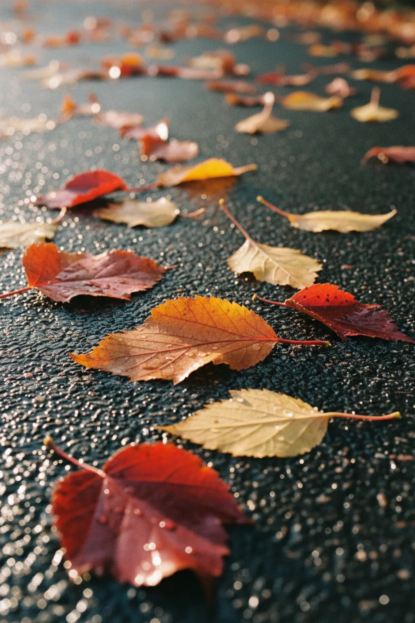A real photograph of fallen autumn leaves on wet pavement in vivid red and gold