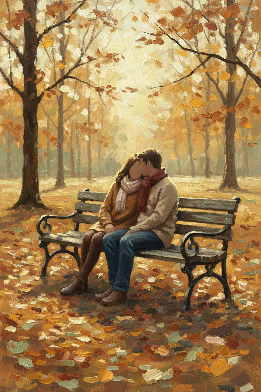 A couple on a park bench with autumn leaves all around