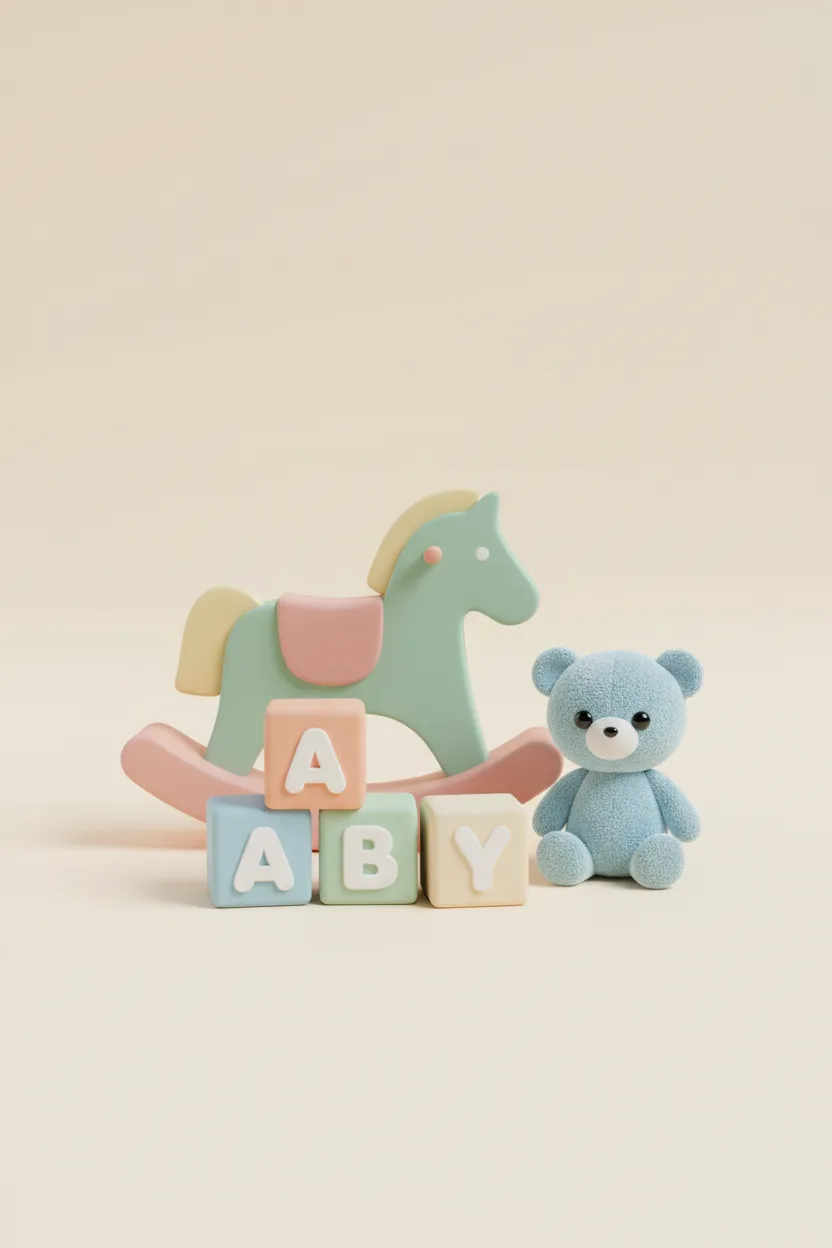 A 3D CGI still-life of wooden rocking horse, plush bear, and baby blocks