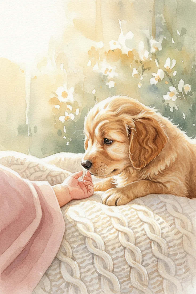 A puppy sniffing a sleeping baby's tiny hand