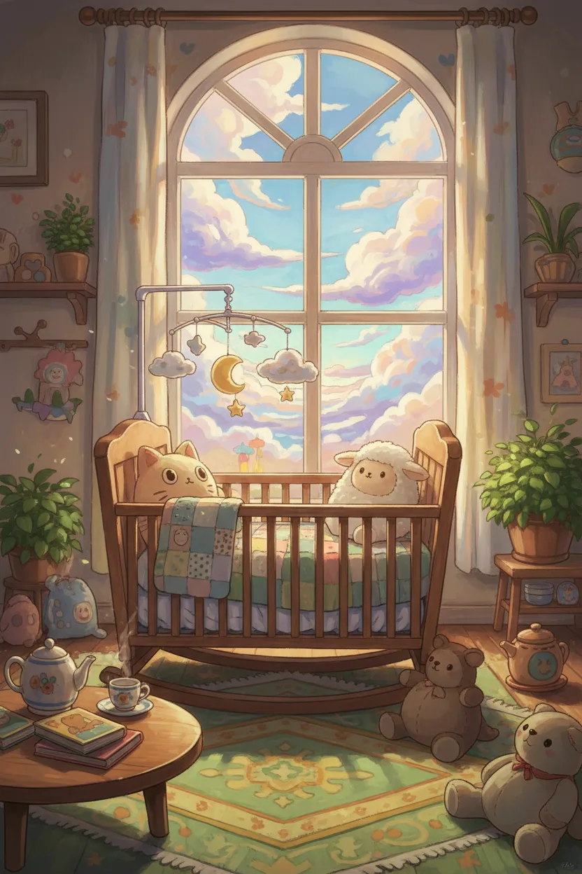 An anime scene of a cozy nursery with wooden crib and hanging mobile