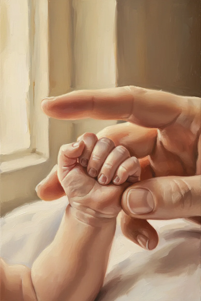 Close-up of a newborn hand wrapped around a parent finger