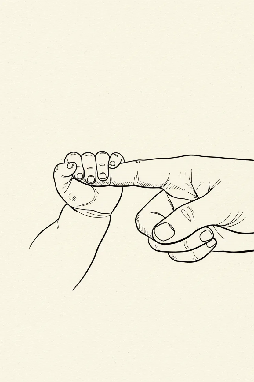 A black ink line drawing of a tiny newborn hand and parent finger