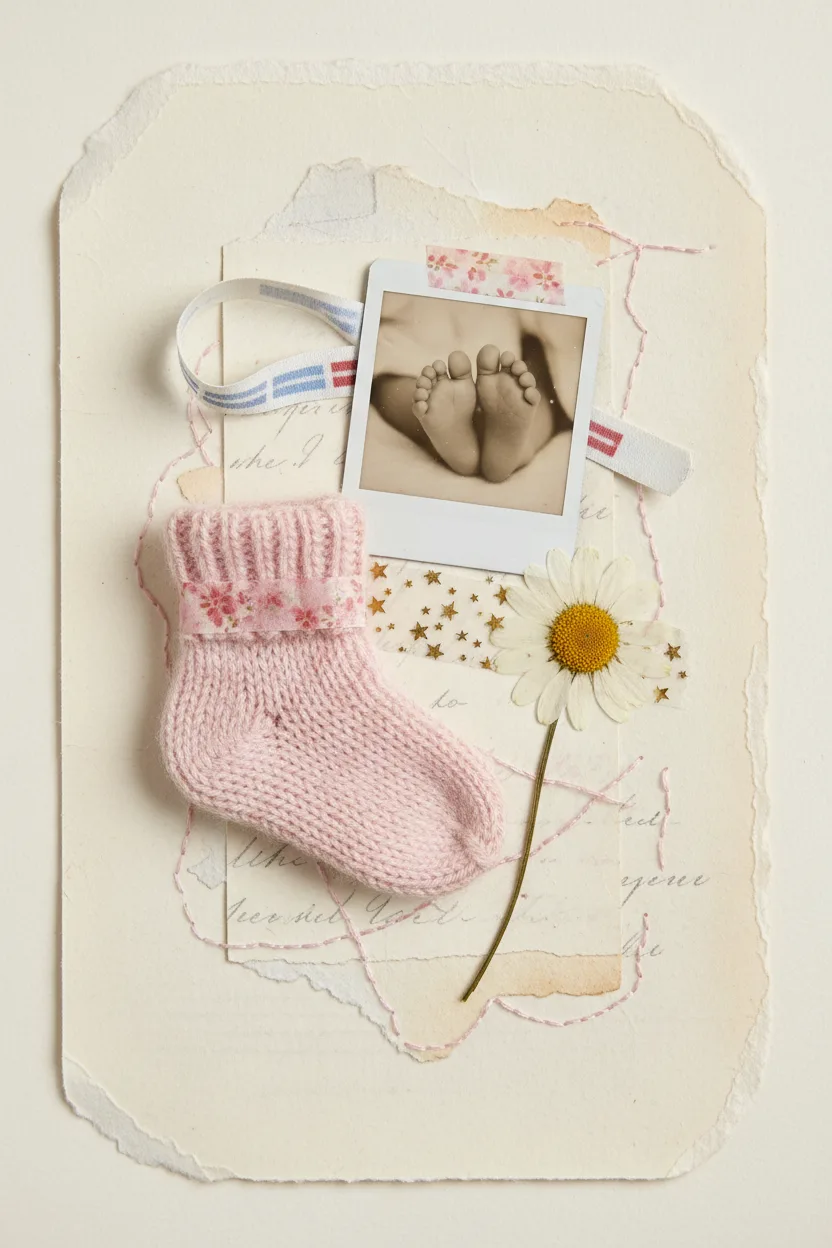 A mixed-media baby-announcement collage with knit sock and Polaroid