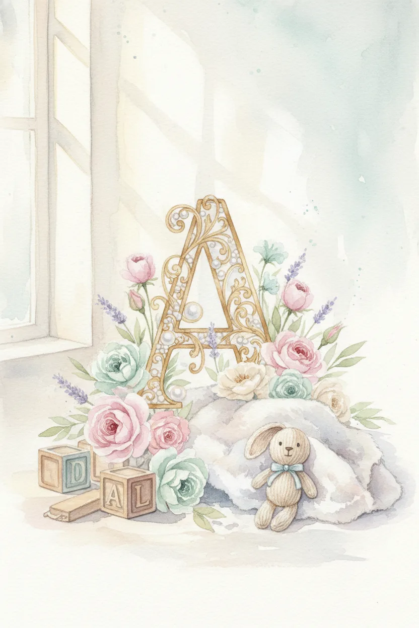 An ornate decorative single capital letter surrounded by pastel flowers and baby blocks