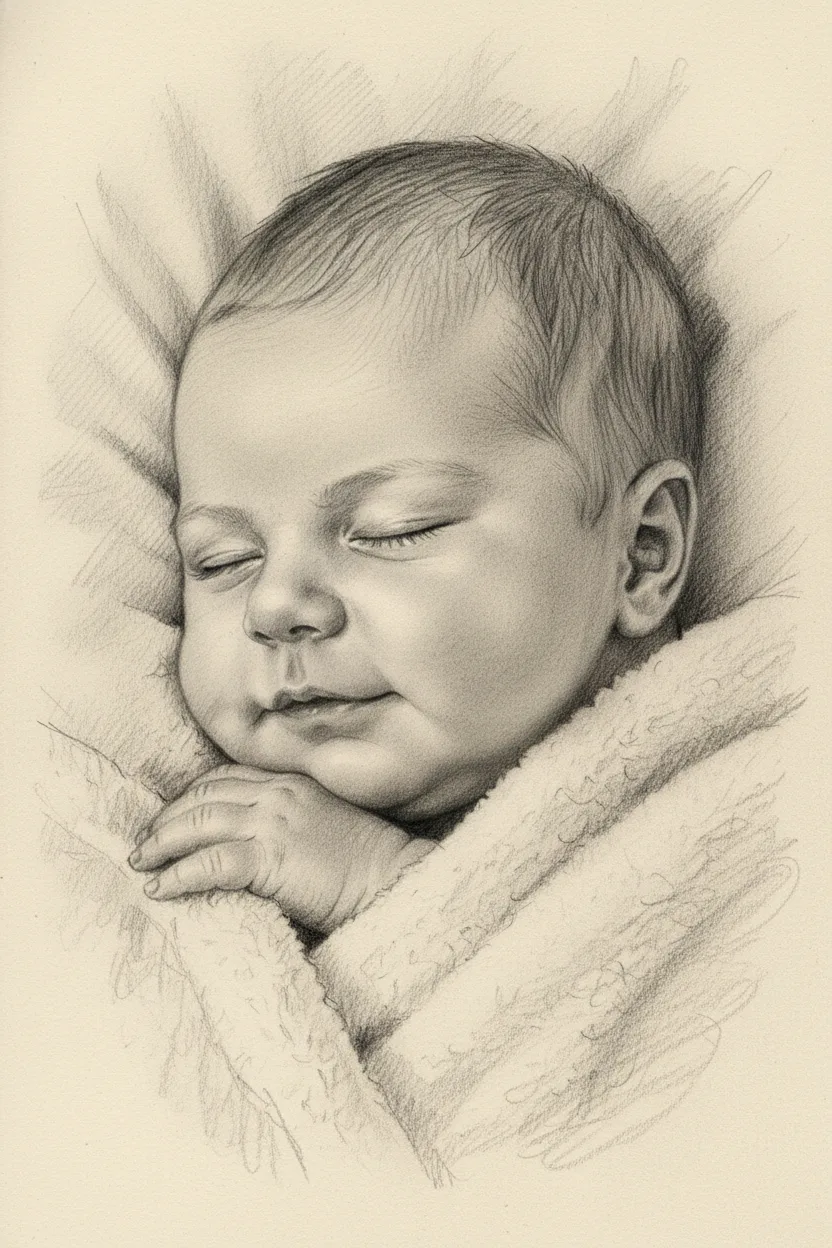 A pencil sketch of a sleeping newborn baby on cream paper