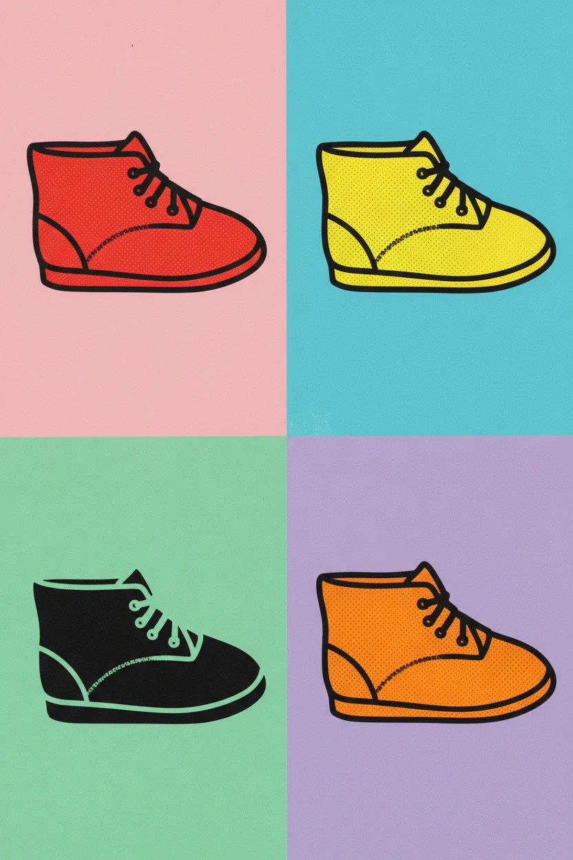 A pop-art screenprint of four baby-shoe silhouettes in a grid