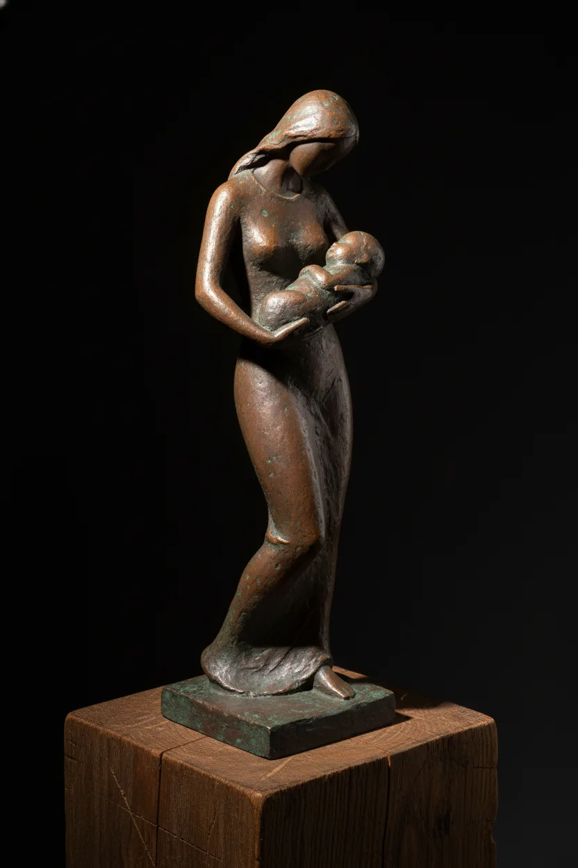 A bronze sculpture of a mother cradling a newborn baby