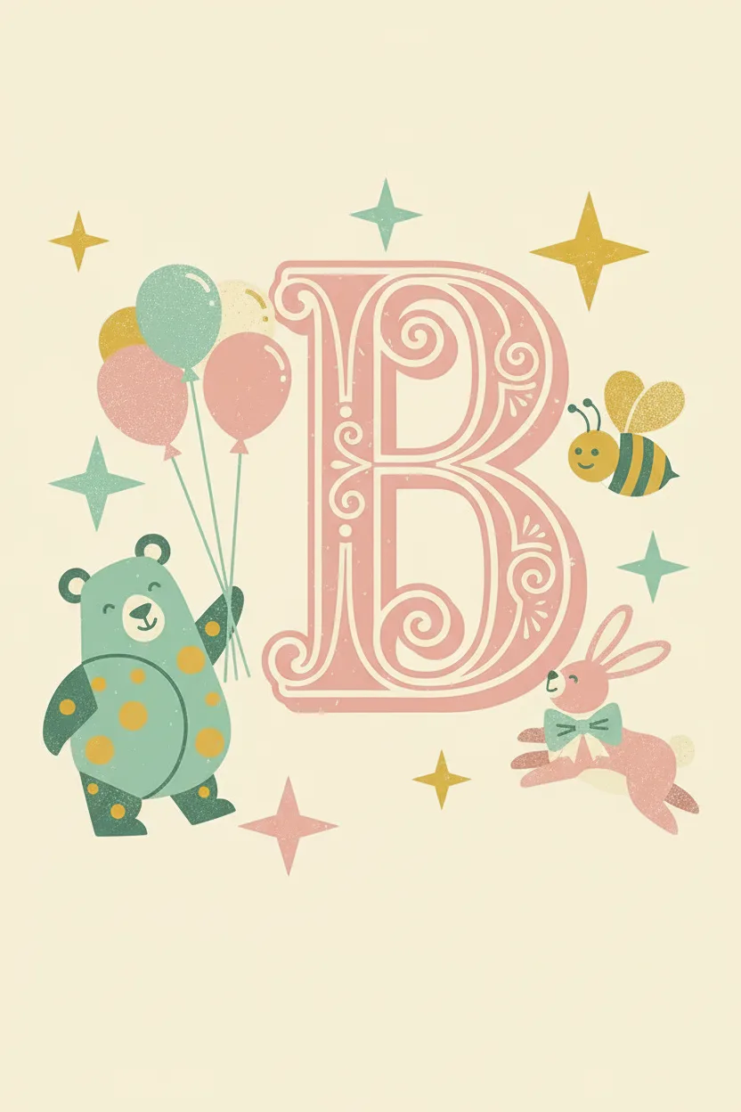 A vintage nursery alphabet poster with the letter B and stylized animals