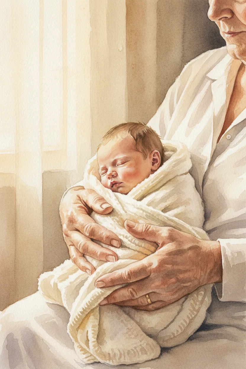 A grandparent aged hands cradling a newborn baby in a knit blanket