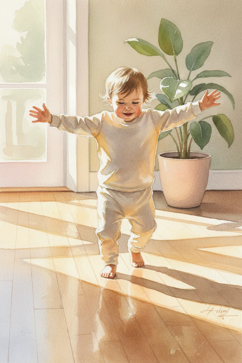 A toddler taking first steps across a sunlit wooden floor
