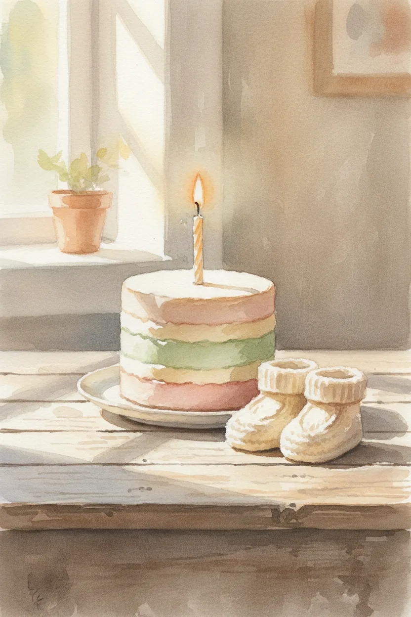 A first-birthday cake beside tiny baby shoes on a wooden table