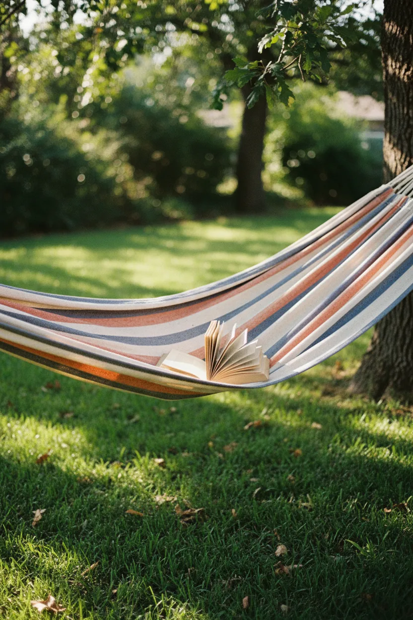 A striped hammock between two trees with an open book