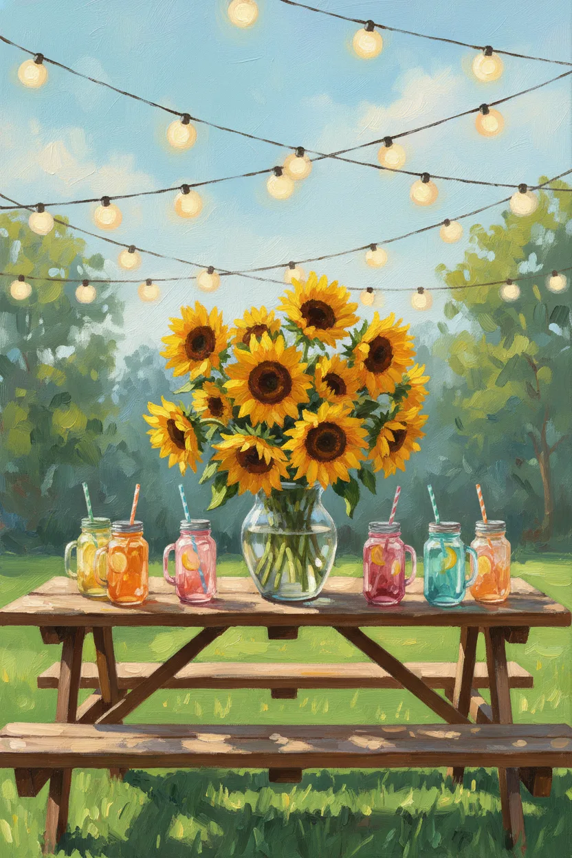 A sunny backyard with string lights, picnic table, and sunflowers