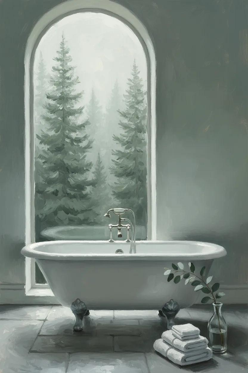 A freestanding tub by a tall window overlooking a misty forest