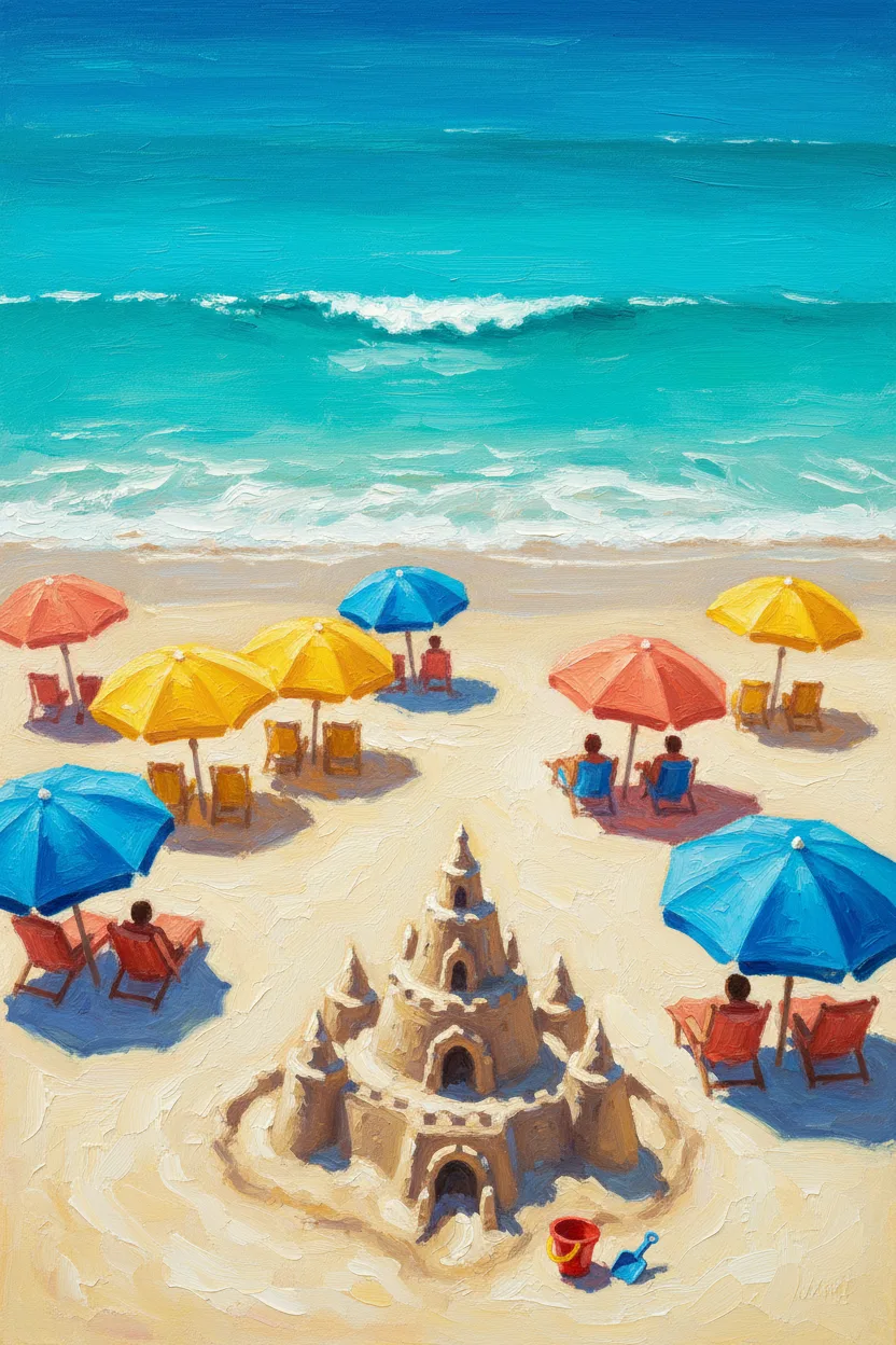 A bright tropical beach with colorful umbrellas and a sandcastle