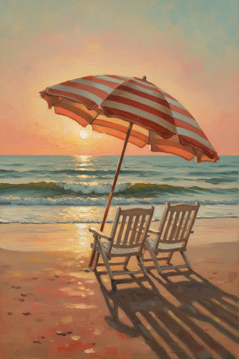 A striped beach umbrella over two chairs facing the sunset ocean