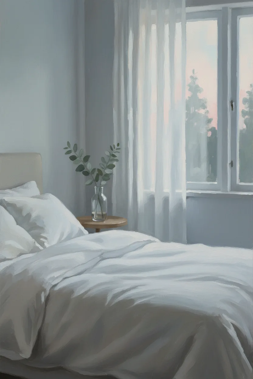 A linen bed with sheer curtains letting in cool dawn light