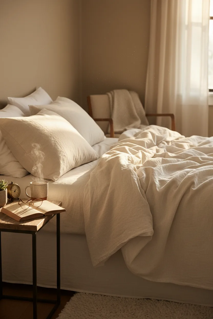 A bedroom with rumpled linen sheets in warm morning light